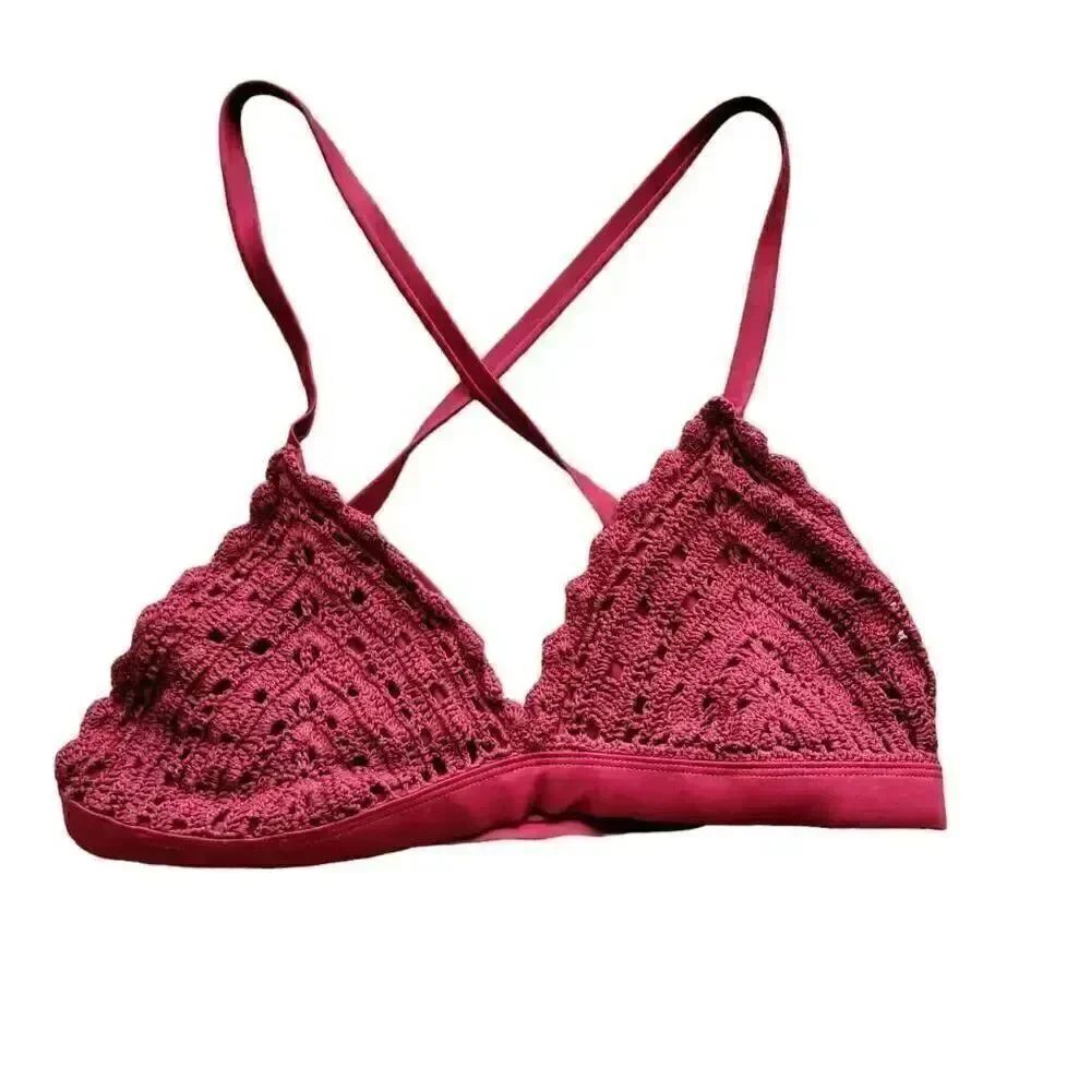 Bikini Top 70s Crochet Burgundy Bathing Swim Suit Festival Rave